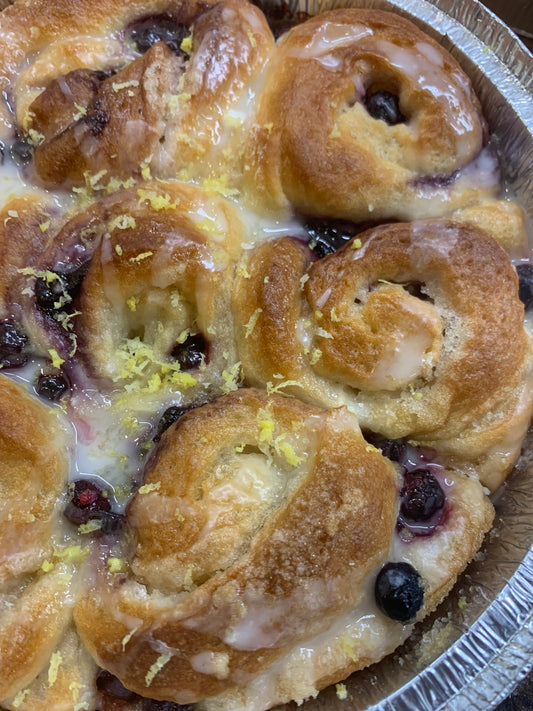 SOURDOUGH BLUEBERRY+LEMON ROLLS W/ LEMON GLAZE